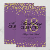 第18エレガント誕生日金ゴールドグリッター紙吹雪紫 招待状 (正面/裏面)