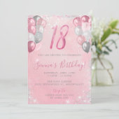 第18グリッター誕生日ピンク&シルバーバルーン 招待状 (スタンド正面)