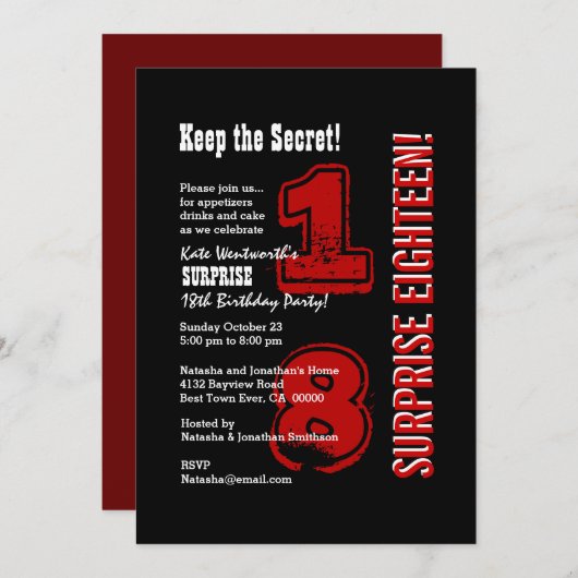 第18モダンな誕生日の赤い白黒V01Cを驚かして下さい 招待状 (正面/裏面)