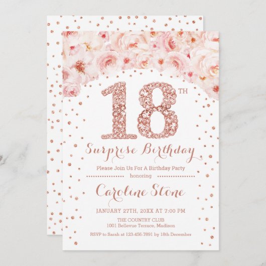 第18回サプライズ誕生日パーティー – ホワイトローズ金ゴールド 招待状 (正面/裏面)