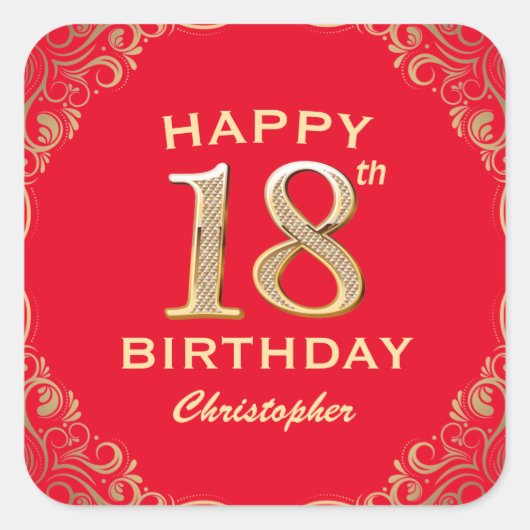 第18回バースデーパーティー赤と金ゴールドグリッター枠 スクエアシール (正面)
