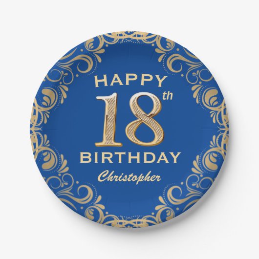 第18回バースデーパーティー青と金ゴールドグリッター枠 ペーパープレート (正面)