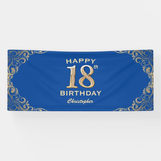 第18回バースデーパーティー青と金ゴールドグリッター枠 横断幕 (横)