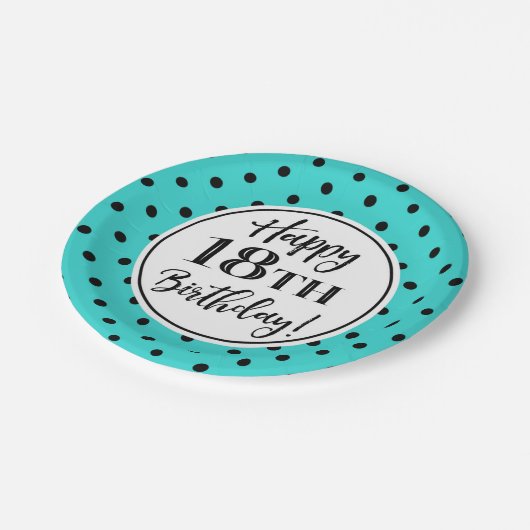 第18回誕生パーティーターコイズ白黒ドット ペーパープレート (アングル)