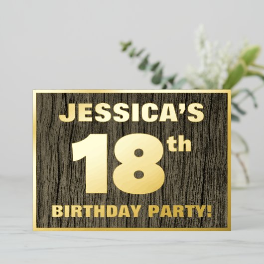 第18回誕生日パーティーはっきりした:木目フェイク模様 箔招待状 (立ち正面)
