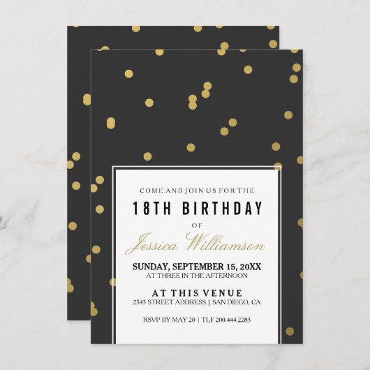 第18回誕生日パーティー | トレンディー金ゴールドポルカ 招待状 (正面/裏面)