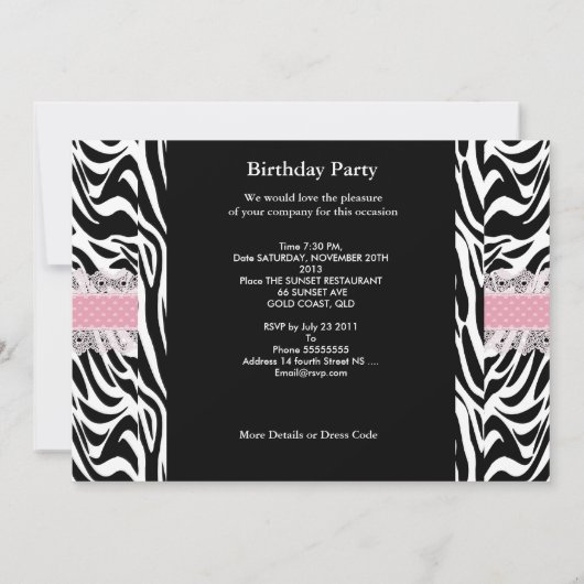 第18回10代の誕生日パーティーピンク白黒ゼブラ 招待状 (裏面)