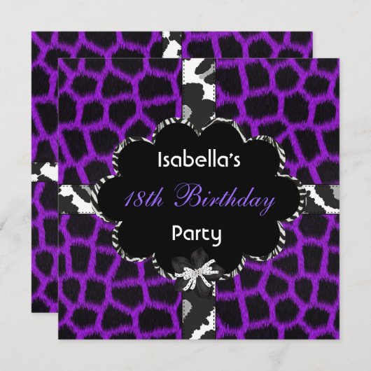 第18回10代の誕生日パーティー白黒パープル 招待状 (正面/裏面)