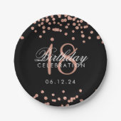 第18誕生日のばら色の金ゴールドのグリッターの紙吹雪の黒 ペーパープレート (正面)