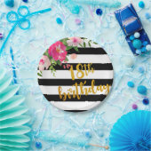 第18誕生日のプレート-黒い及び白の花柄 ペーパープレート (パーティー)