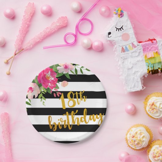 第18誕生日のプレート-黒い及び白の花柄 ペーパープレート (パーティー)