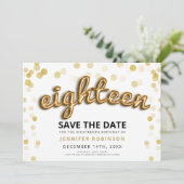 第18誕生日の保存日付の金ゴールドの気球のグリッター 招待状 (スタンド正面)