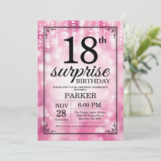 第18誕生日の招待状のピンクのグリッターを驚かして下さい 招待状 (スタンド正面)
