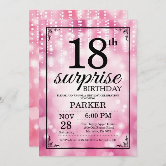 第18誕生日の招待状のピンクのグリッターを驚かして下さい 招待状 (正面/裏面)