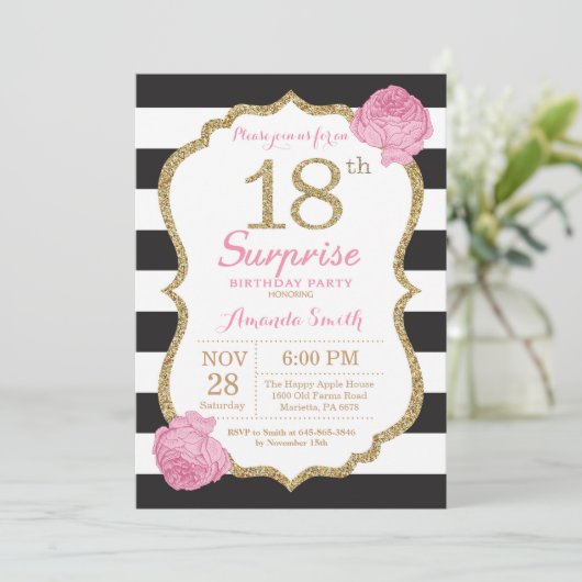 第18誕生日の招待状のピンクの黒の金ゴールドを驚かして下さい 招待状 (スタンド正面)