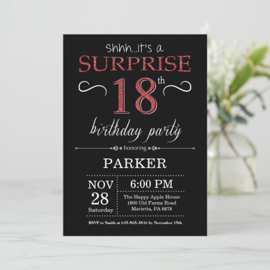 第18誕生日の招待状の黒および赤を驚かして下さい 招待状 (スタンド正面)