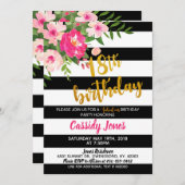 第18誕生日の招待状-花柄w/Black及び白 招待状 (正面/裏面)