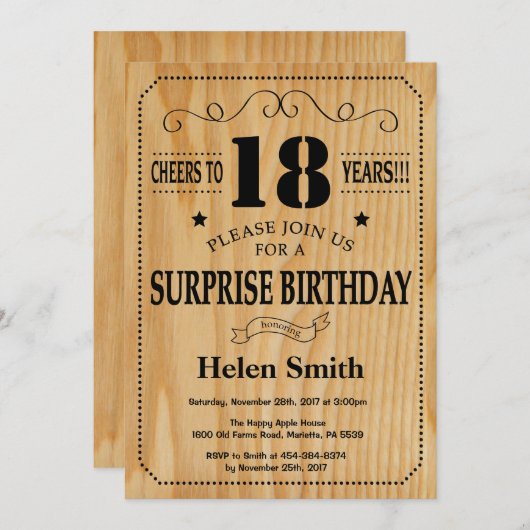 第18誕生日の素朴な木を驚かして下さい 招待状 (正面/裏面)