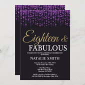 第18誕生日の紫色および金ゴールドのグリッター 招待状 (正面/裏面)