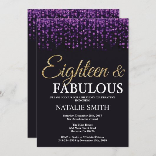 第18誕生日の紫色および金ゴールドのグリッター 招待状 (正面/裏面)