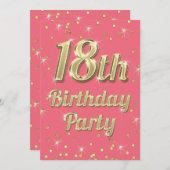 第18誕生日の金ゴールドのきらきら光るなタイポグラフィの紙吹雪のピンク 招待状 (正面/裏面)