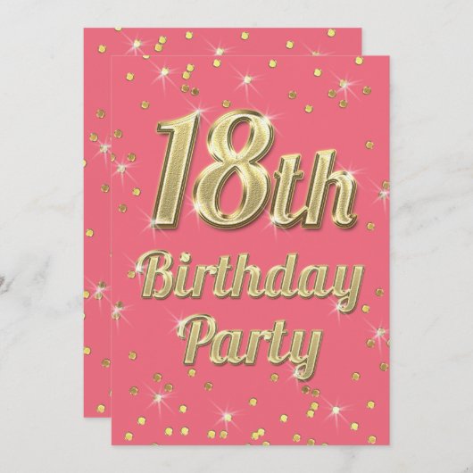 第18誕生日の金ゴールドのきらきら光るなタイポグラフィの紙吹雪のピンク 招待状 (正面/裏面)