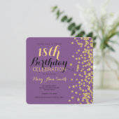 第18誕生日の金ゴールドのフェイクなグリッターの紙吹雪の紫色 招待状 (スタンド正面)