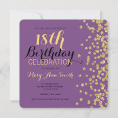 第18誕生日の金ゴールドのフェイクなグリッターの紙吹雪の紫色 招待状 (正面)