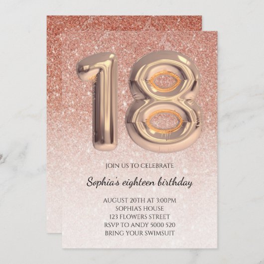 第18誕生日バラ金ゴールドグリッターホイルバルーン10代の 招待状 (正面/裏面)