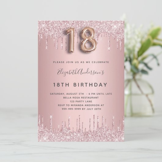 第18誕生日ピンクほこりっぽいバラグリッターピンク贅沢 招待状 (スタンド正面)