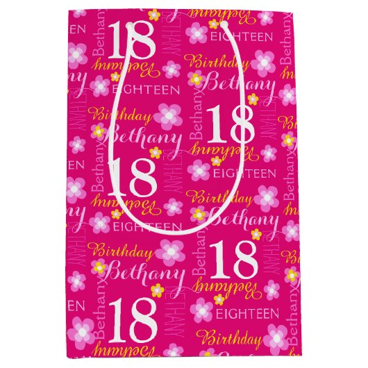第18誕生日ピンクイエロー名前をカスタムする抱き枕 ミディアムペーパーバッグ (正面)