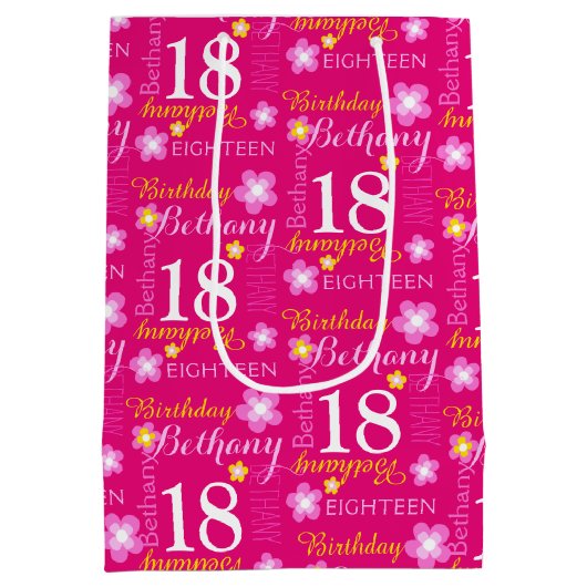 第18誕生日ピンクイエロー名前をカスタムする抱き枕 ミディアムペーパーバッグ (裏面)
