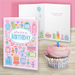 第18誕生日ピンクカード カード<br><div class="desc">18誕生日の明るいフェミニンパステルの誕生日カード。お祝いに必要なものがすべて揃っている。ケーキ、プレゼント、風船、花、パーティー帽子がピンク色の背景にカードを埋め、カードの内側に底を型枠す縁どる。</div>