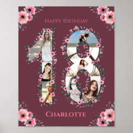 第18誕生日ピンクフラワーガールフォトコラージュ ポスター