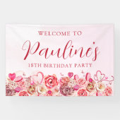 第18誕生日ピンクローズ渦巻形のハート歓迎 横断幕 (横)