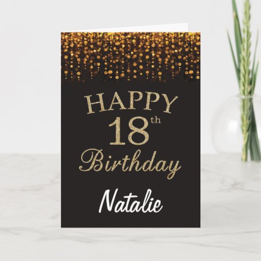第18誕生日ブラックおよび金ゴールドグリッターカード カード (正面)