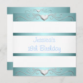 第18誕生日ブルーホワイトシルバーメタルハート 招待状 (正面/裏面)