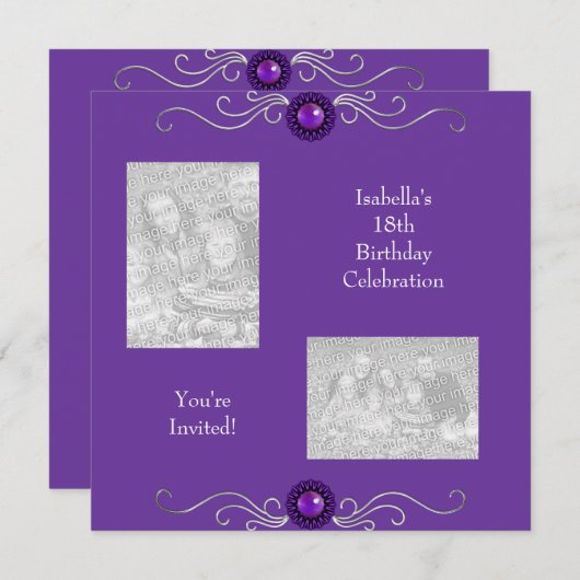 第18誕生日写真銀紫ジュエル 招待状 (正面/裏面)