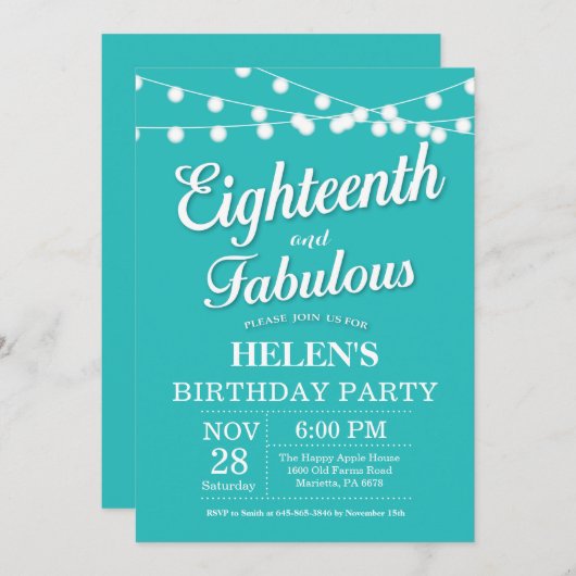 第18誕生日招待状アクアターコイズファボウス 招待状 (正面/裏面)