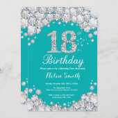 第18誕生日招待状ティール(緑がかった色)及びシルバーダイヤモンド 招待状 (正面/裏面)