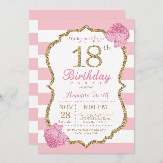 第18誕生日招待状ピンクと金ゴールドフローラ 招待状 (正面/裏面)