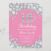 第18誕生日招待状ピンク&シルバーダイヤモンド 招待状 (正面/裏面)