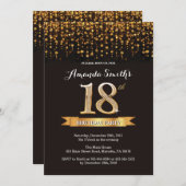 第18誕生日招待状ブラック&金ゴールドグリッター 招待状 (正面/裏面)
