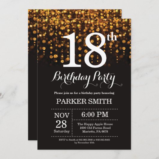 第18誕生日招待状金ゴールドグリッター 招待状 (正面/裏面)