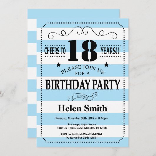 第18誕生日招待状青と白のストライプ 招待状 (正面/裏面)