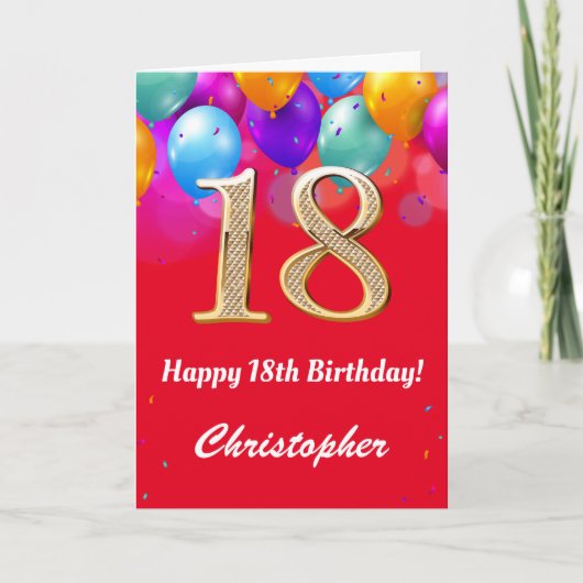 第18誕生日赤と金ゴールド吹きカラフル出 カード (正面)