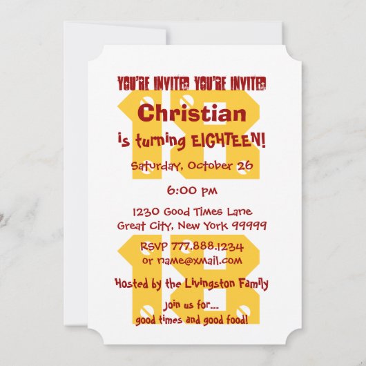 第18誕生日赤モダン色の10代の金ゴールド星V06A31 招待状 (裏面)