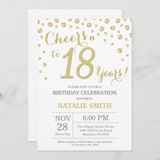 第18誕生日金ゴールドグリッターダイヤモンド招待状 招待状 (正面/裏面)