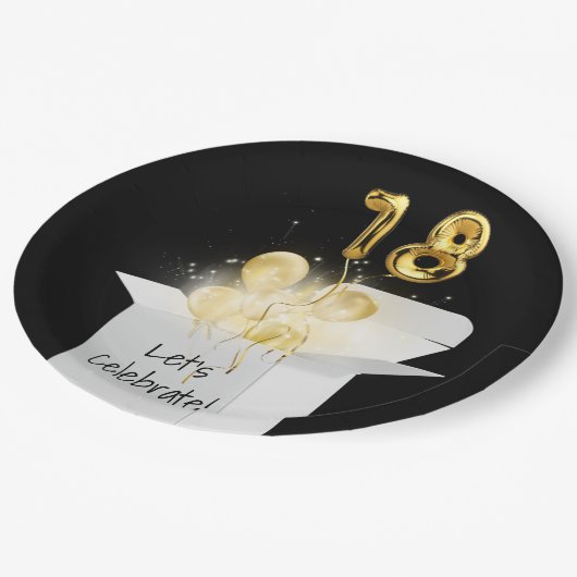 第18誕生日金ゴールドバルーン（白いボックス） ペーパープレート (アングル)