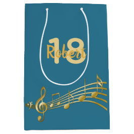 第18誕生日金ゴールド音楽ノートティール（緑がかった色）ブルー緑 ミディアムペーパーバッグ